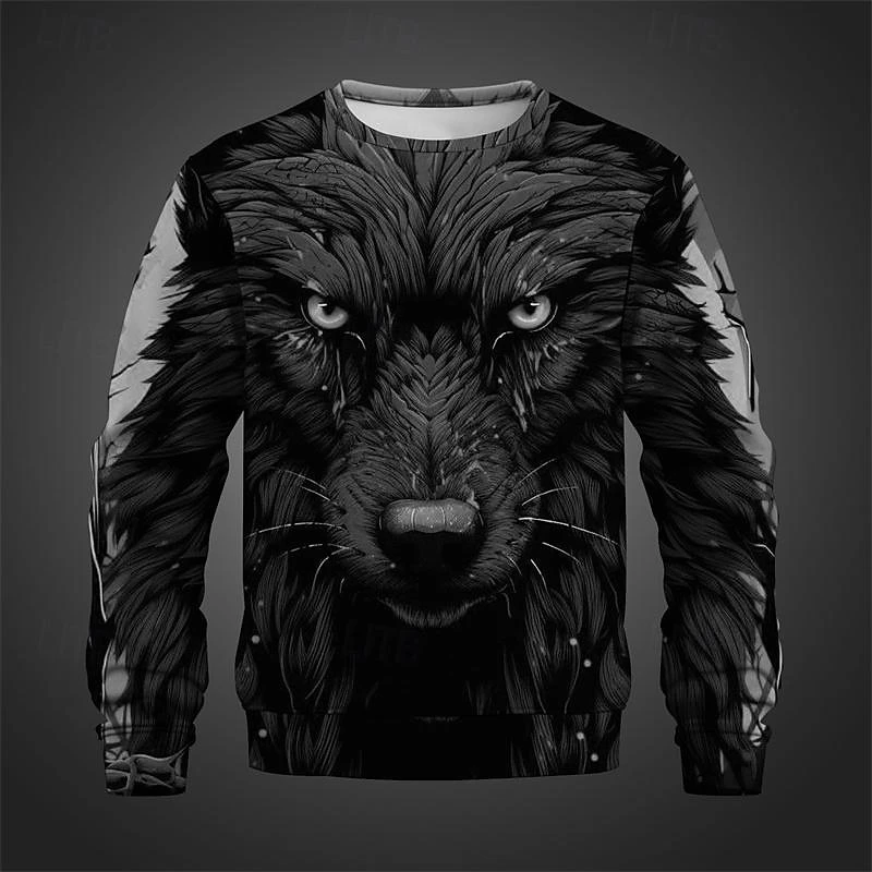 

Trend Crew Neck Hoodies High Quality Fibre Material Men's Clothing 3D Printing Wolf Pattern Formal Wear Male Top 2XL Large Size