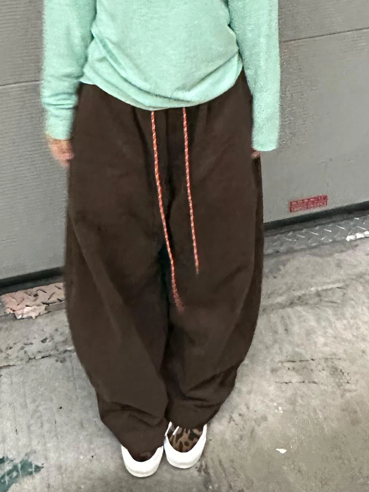 PBAP sznurkiem jednolita, na co dzień szerokie spodnie damskie kieszenie w pasie bawełniane podkowy spodnie oversize Vintage Y2k Streetwear