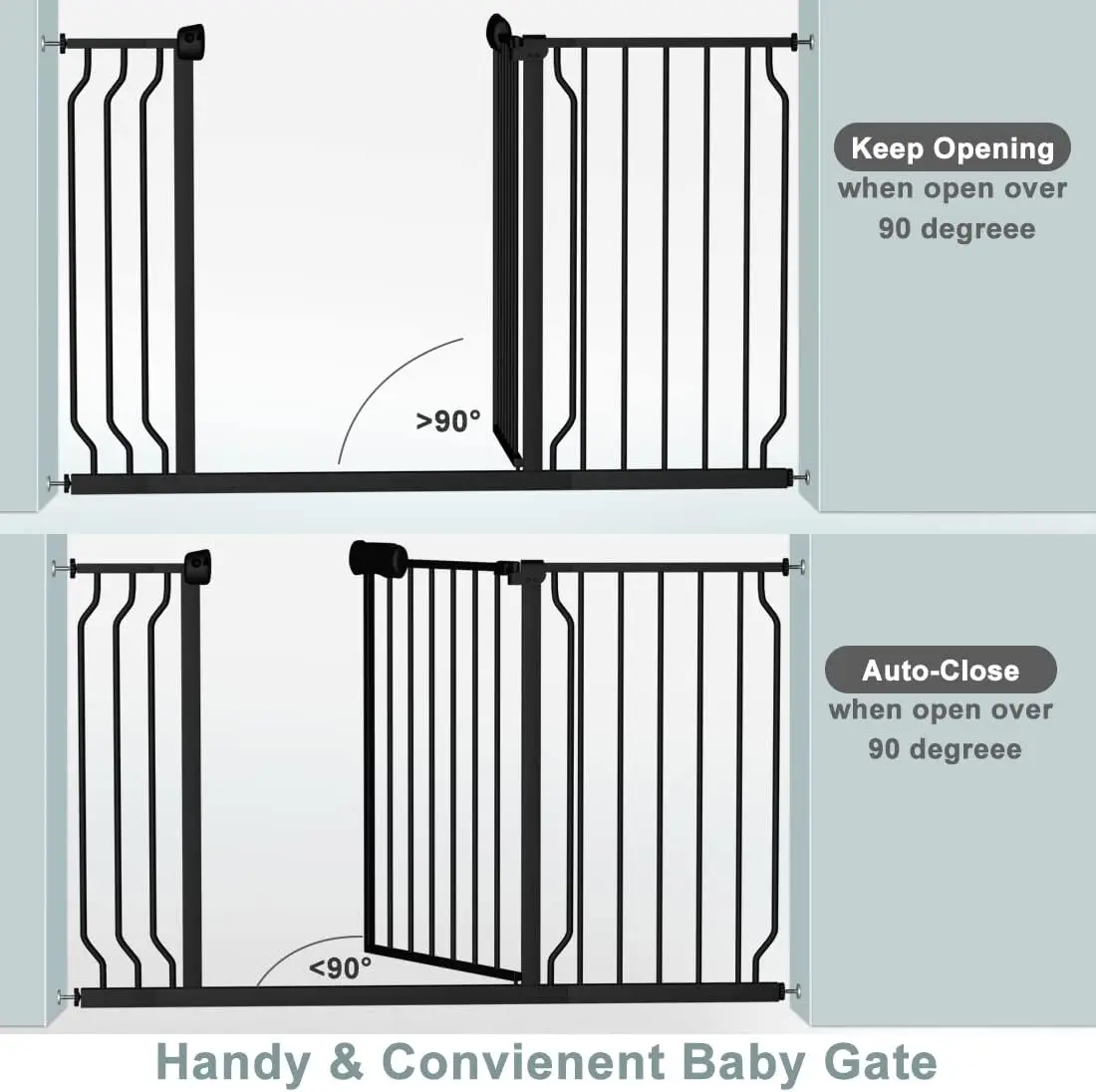 Walk Through Black Baby Gate 29-34 Inch Wide, Pressure Mounted Safety Gate with Door No Drill, Tension Metal Gate