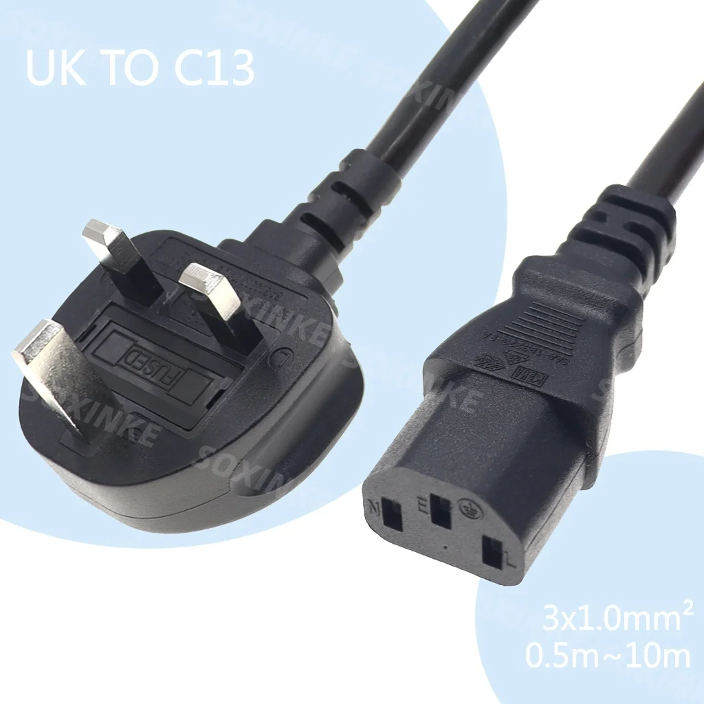 IEC320 C13 to BS1363 England UK Power Cord with Fuse 13A, Singapore Malaysia power Cable for PCs Monitors Scanners Printers