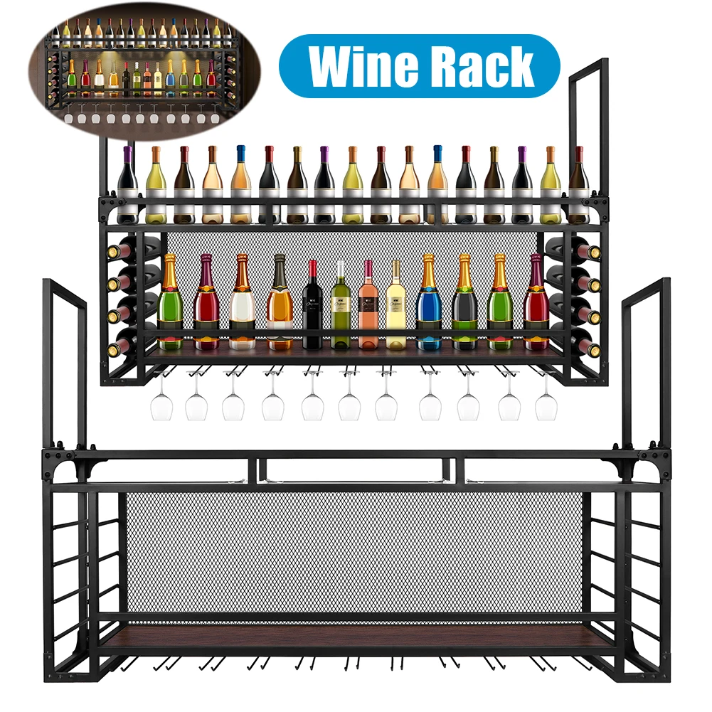 

Настенный 2-х ярусный держатель для вина большой емкости, 59,06x21,65x11,81 дюйма, дисплей для хранения винных бутылок для кухни, столовой, бара