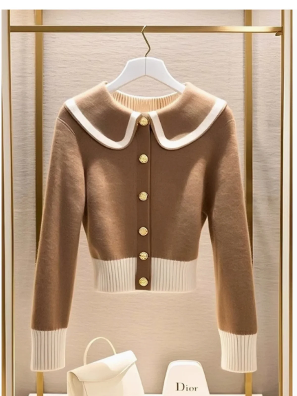

Caramel Knitted Sweater Coat Short Thickened Women's Fashion Outerwear Autumn Winter Seasonal Commute Style Loose Fit Long Sl...