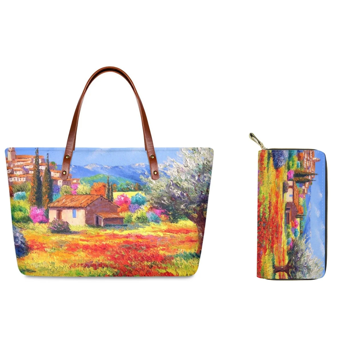 

FORUDESIGNS Colored Oil Painting Handbags Ladies Pastoral Style Combination Purses Handbag Colorful Shopping Bucket Bag