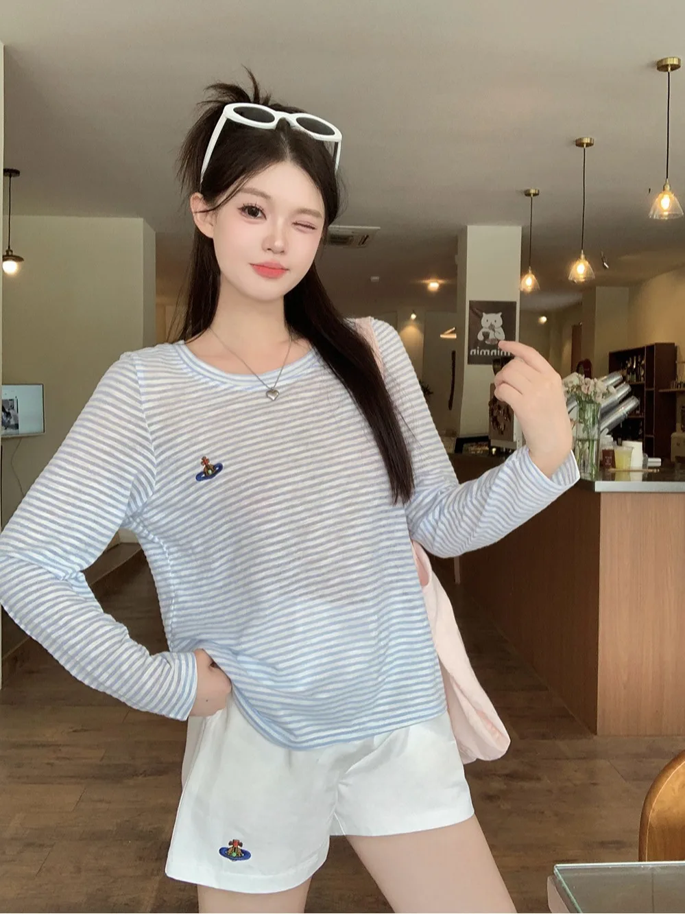 

plus Size Women's Lazy Stripe round Ne Sun Protection Cover up T-irt And High Waist orts Set Summer Faion Korean Sle