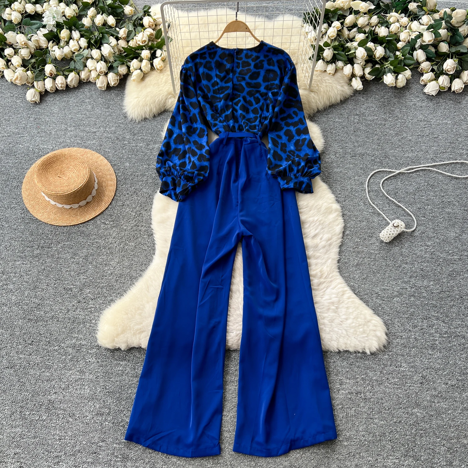 Chic vintage V-neck leopard sashes Fairy loose Summer Beach Vacation Women Boho Sundress Jumpsuits