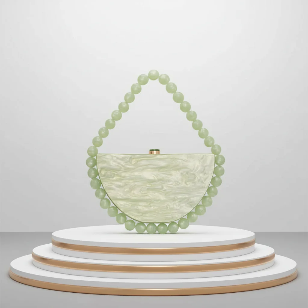 

New Pearl-Like Retro Half-Circle Beaded Clutch Bag with Cotton Lining Simple Acrylic Design Dinner Bag for Women 26 cm