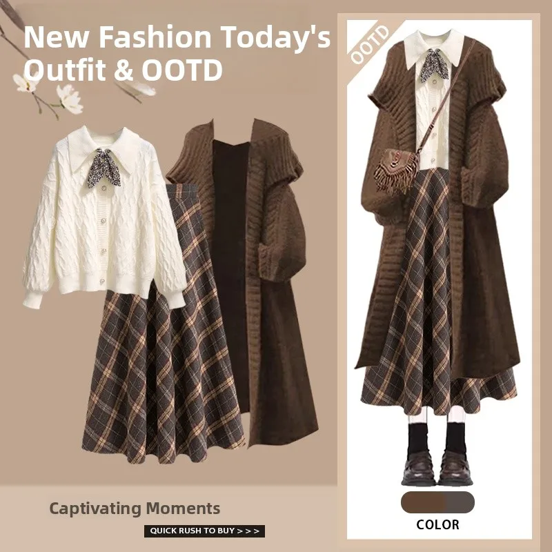 Inverno de malha cardigan camisola interna magro saia atarracado conjunto de peça t facionable outerwear cintura alta midi saia