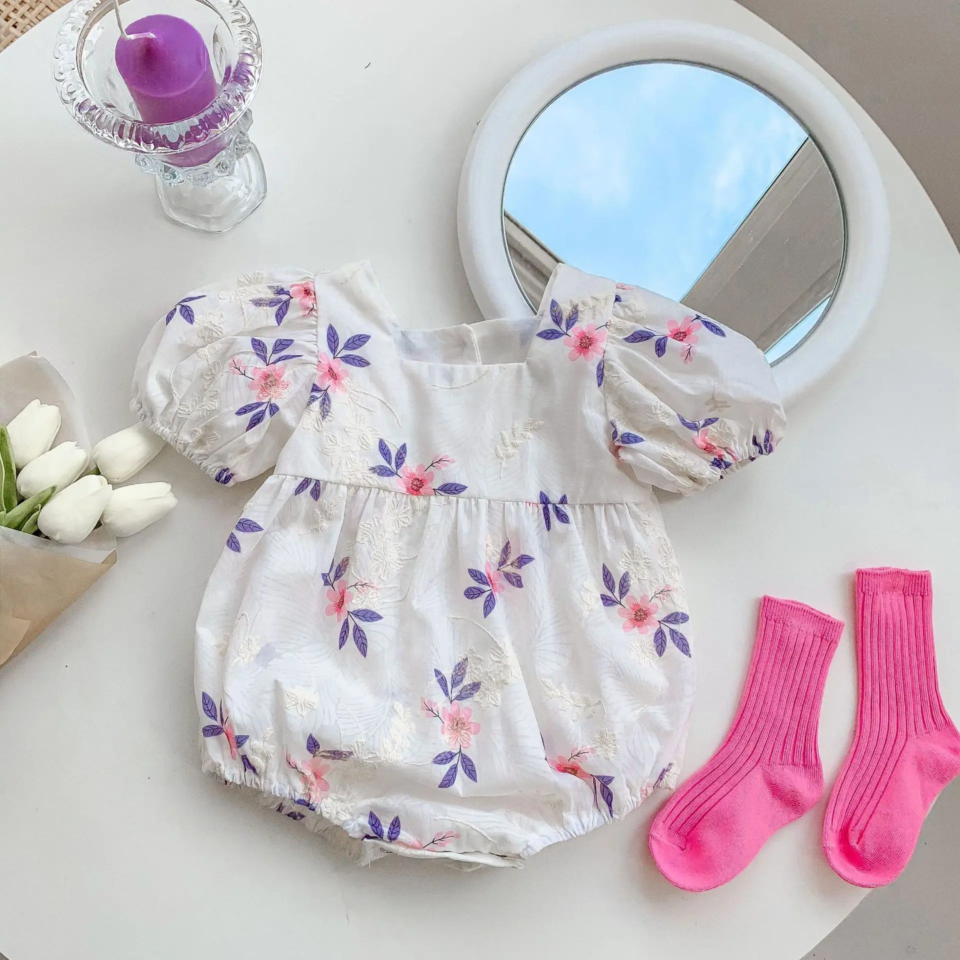 Korean 2024 Fashion Summer Baby Girl Jumpsuit Floral Print Short Bubble Sleeve Muslin Infant Girl Romper Newborn Girl Bodysuit