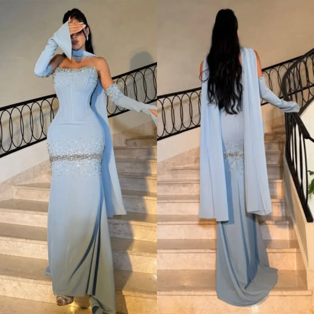 

High Quality Customized Sweetheart Floor Length Blue Beaded Gloves Backless A-line Grace Pageant Dresses Women Vestidos De Noiva