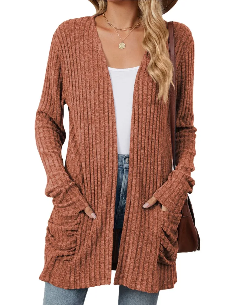 2024 Autumn Winter Women\'s New Solid Color Pocket Long Sleeve Bottom Collarless Cardigan Casual Loose Knitted Shirt In Stock