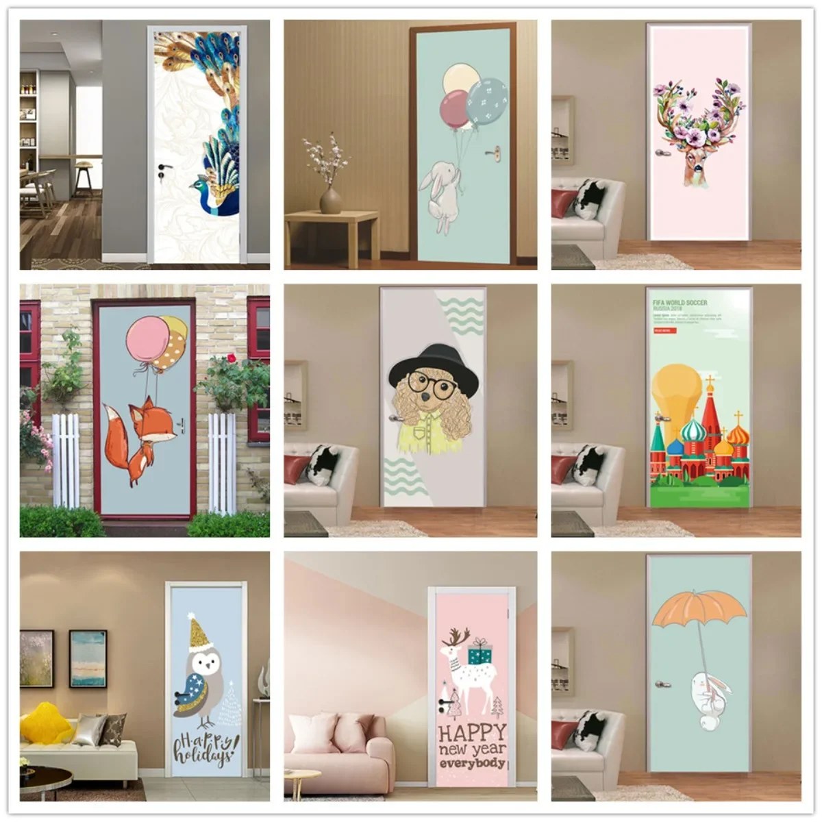 Cartoon Animal Door Stickers Kawaii Illustration Wallpaper Decal Waterproof Self-adhesive Home Living Room Decor Poster Mural