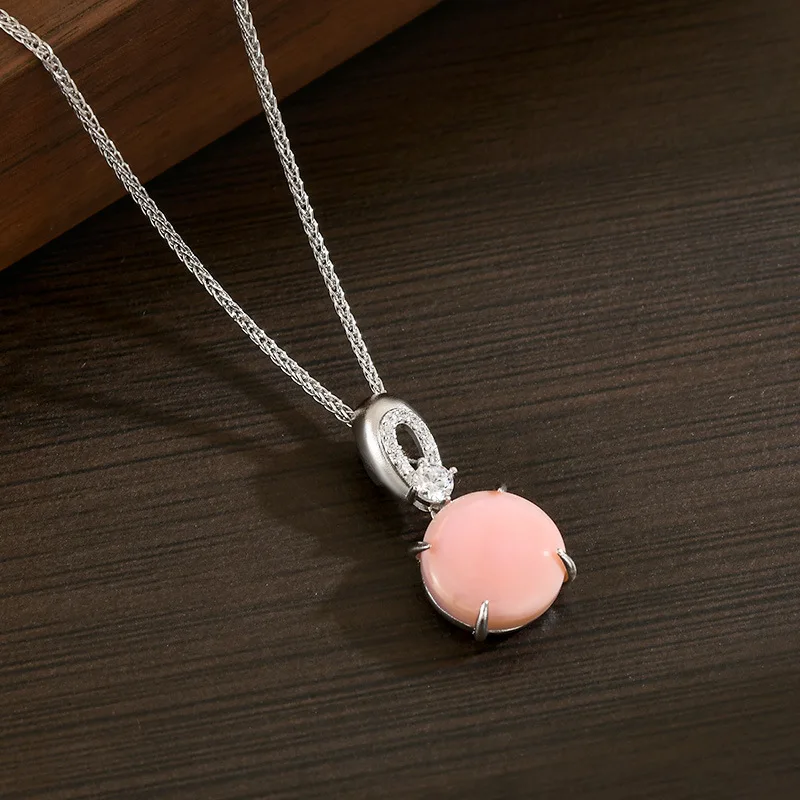 OKILY Luxury Four-claw Round Powder Rouge Screw Zircon Necklace Basic Spring and Summer Simple Necklace and Earring Jewelry Set