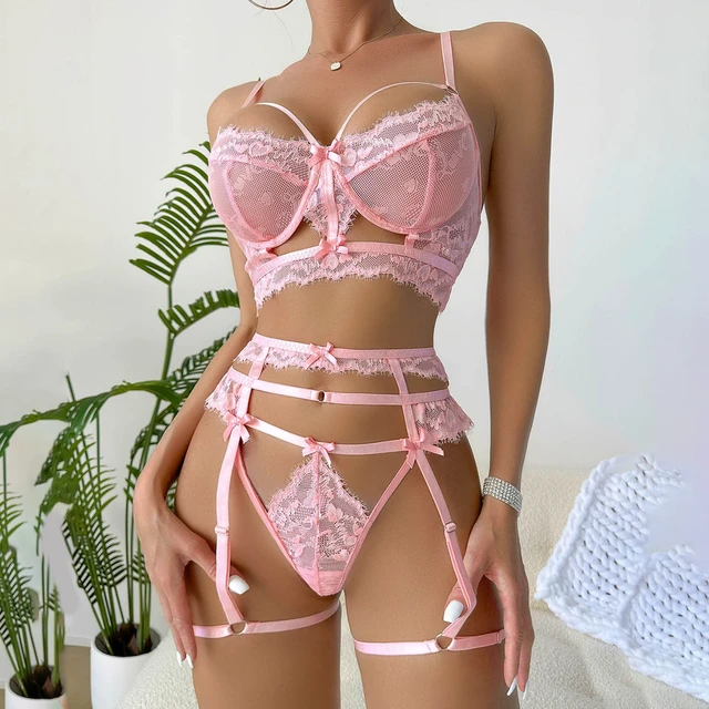 Conjunto de lenceria Sexy de encaje rosa para mujer ropa de dormir hueca con tirantes ajustables traje seductor lenceria exotica fina para mujer AliExpress