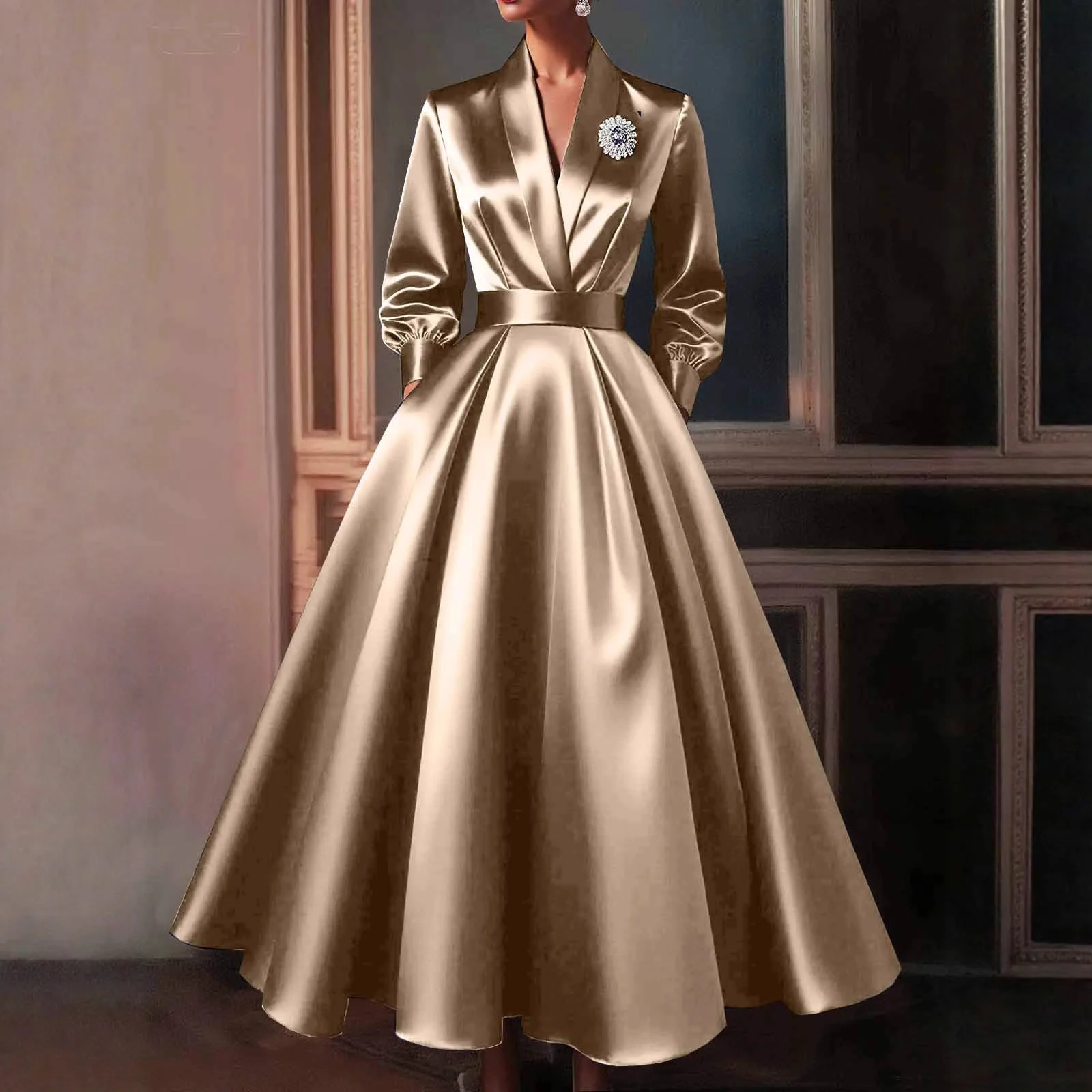 Elegant Satin Women's Dress Sexy V Neck Long Sleeve Pleated A-Line Long Dress Waisted Evening Party Dress Wedding Guest Vestidos