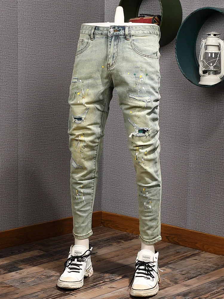 Vintage Blue Ink Splash Nine-point Jeans Men with Ripped Patches Trendy Cool Stretch Skinny Pants
