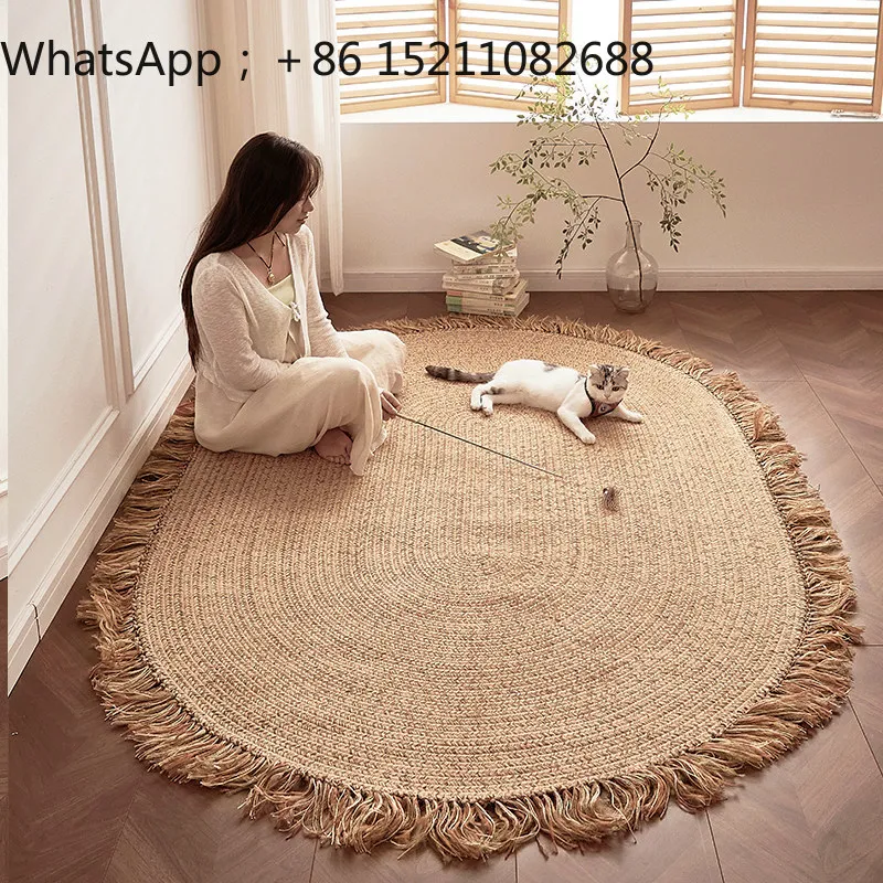 SCY Oval Jute Tassel Carpet Living Room Light Luxury Zero Glue Hand Woven Floor Mat Bedroom Bedside Blanket