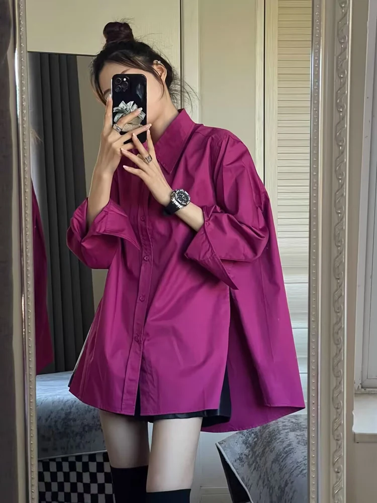 Elegant Pink Long Sleeve Shirt Women's High-End Design Layering Medium-Length Outerwear Top Collar Loose Fit Spring 2024
