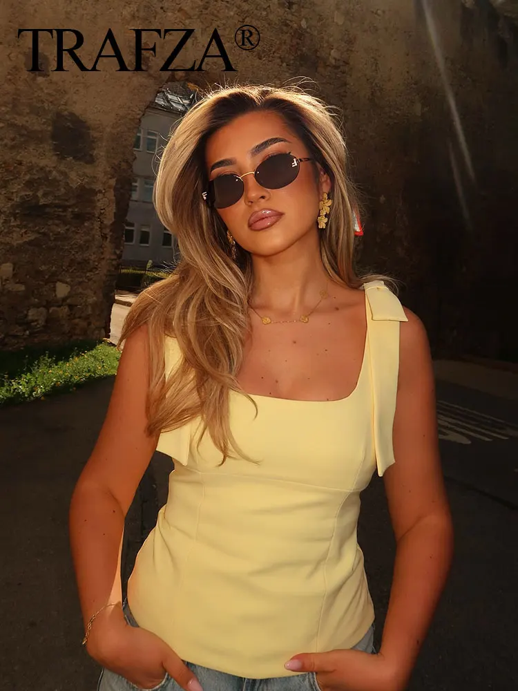 

TRAFZA 2025 Fashion Woman High Street Side Zipper Slim Tops Women Summer Sexy Sleeveless Bow Square Collar Solid Sling Top Mujer