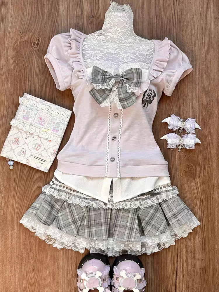 Japanese Sweet Preppy Style Skirt Set Women Kawaii Lace Patchwork Bow Tops + Y2k Plaid Mini Skirt Elegant Outifits 2 Piece Set