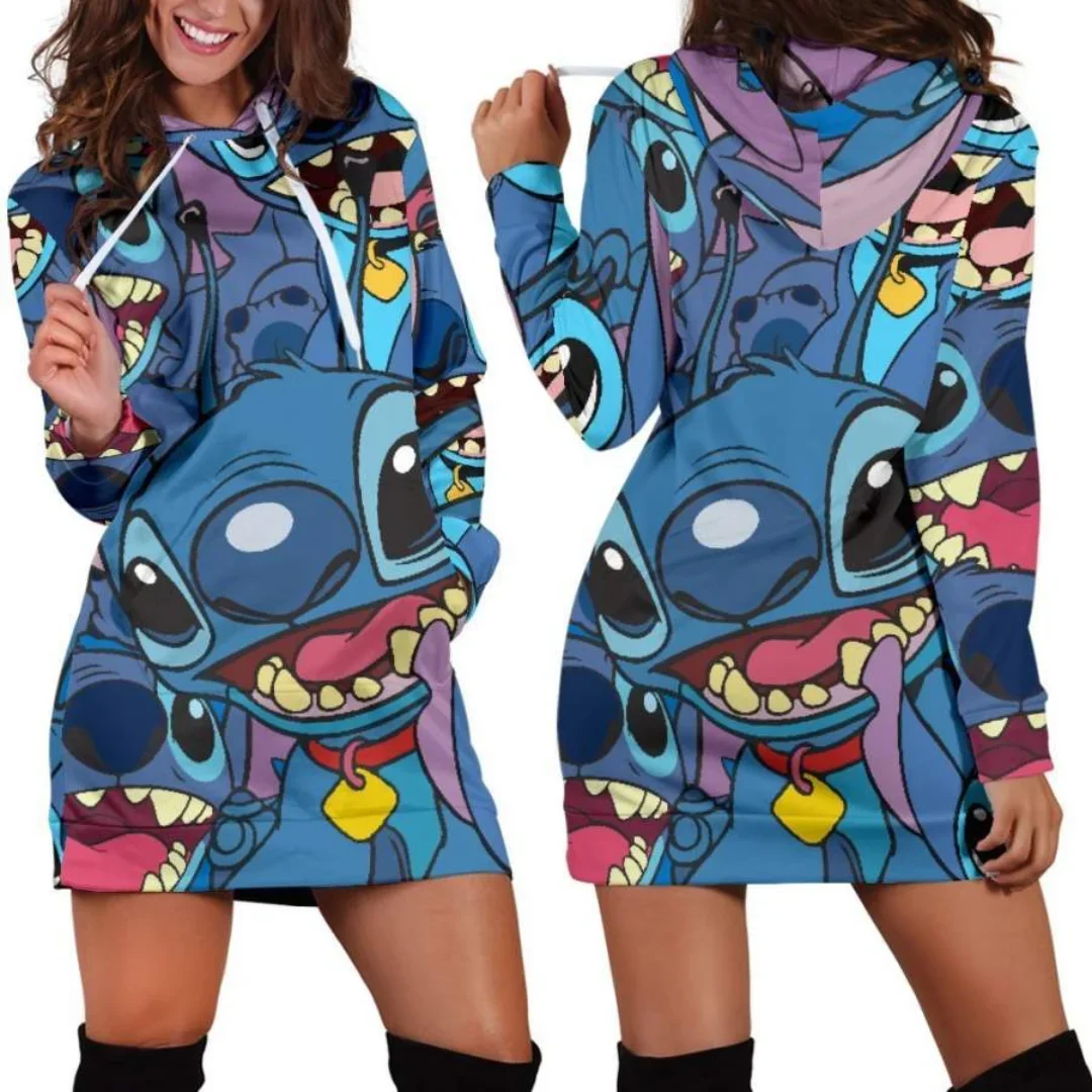 2024 New Stitch Hoodie Dress Sweater Fashion Disney Dress Sweatshirt Dress 3d Allover Printed Hoodie for Women#01