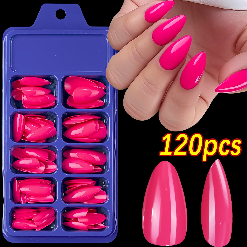 120Pcs Pitaya Color Short Almond Fake Nails Hot Pink Full Cover Press On Nails Tips False Fingernail Y2K Spicy Girl DIY Manicure
