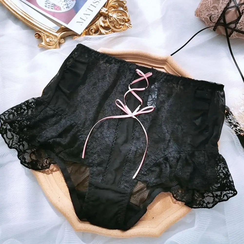 Sexy Maid Women Panties Ultra-Thin Lace Trim Mesh Yarn Panties Japanese Style Sweet Cross Lace-up Bowknot Decor Briefs Underwear