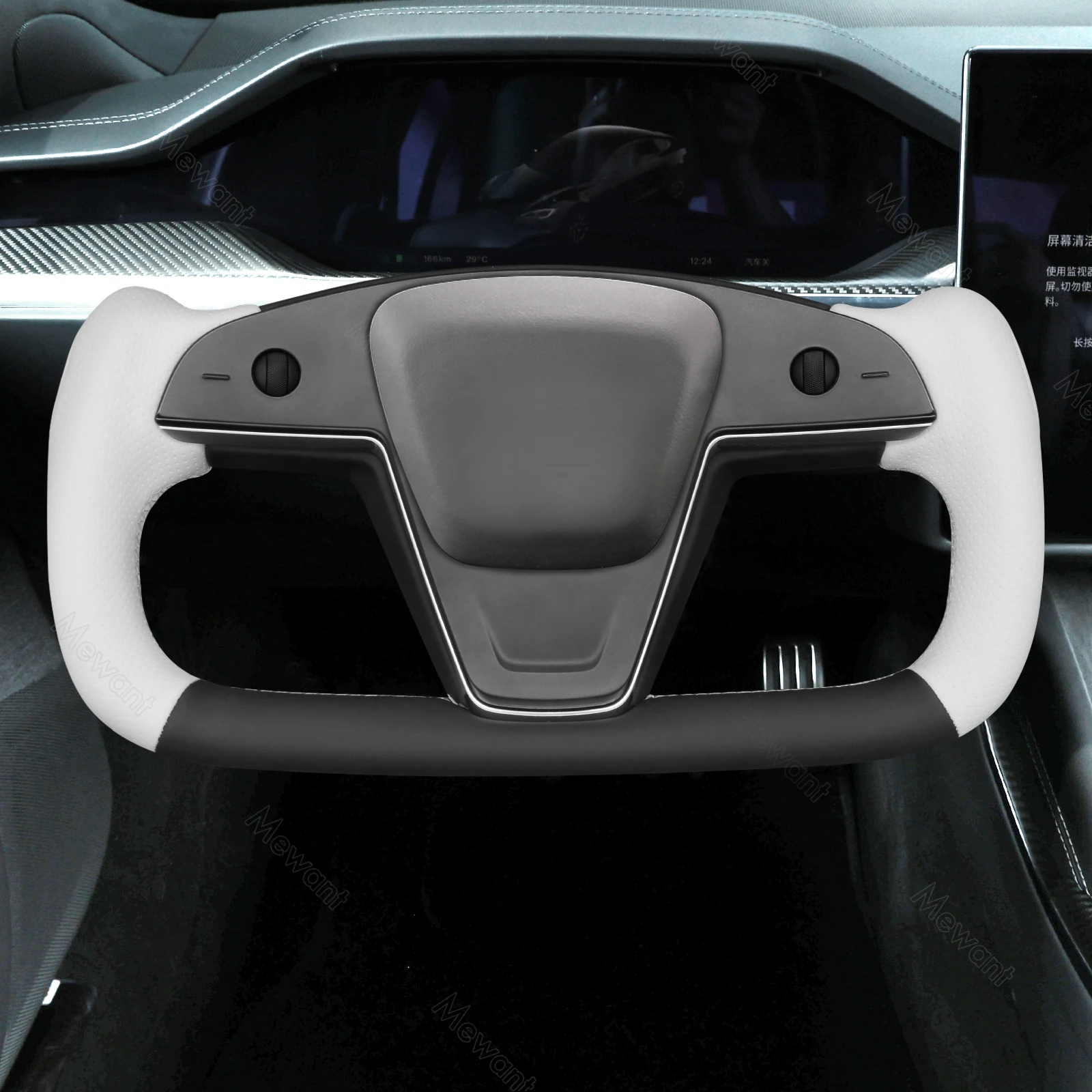 MEWANT White Leather Carbon Fiber Car Steering Wheel Cover for Tesla Model S 2021-2023 Model X 2021-2023