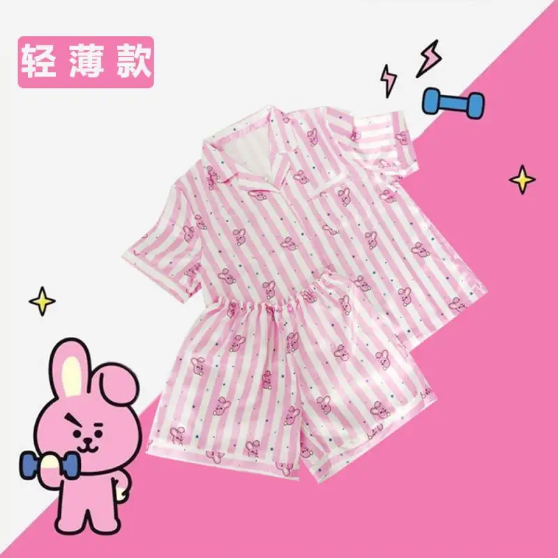 Kawaii Bt21 Pajamas 2Pcs Set Cute Cartoon Printed Lapel Short Sleeve Shorts Home Clothes Summer Light Casual Wear Girl Boy Gift