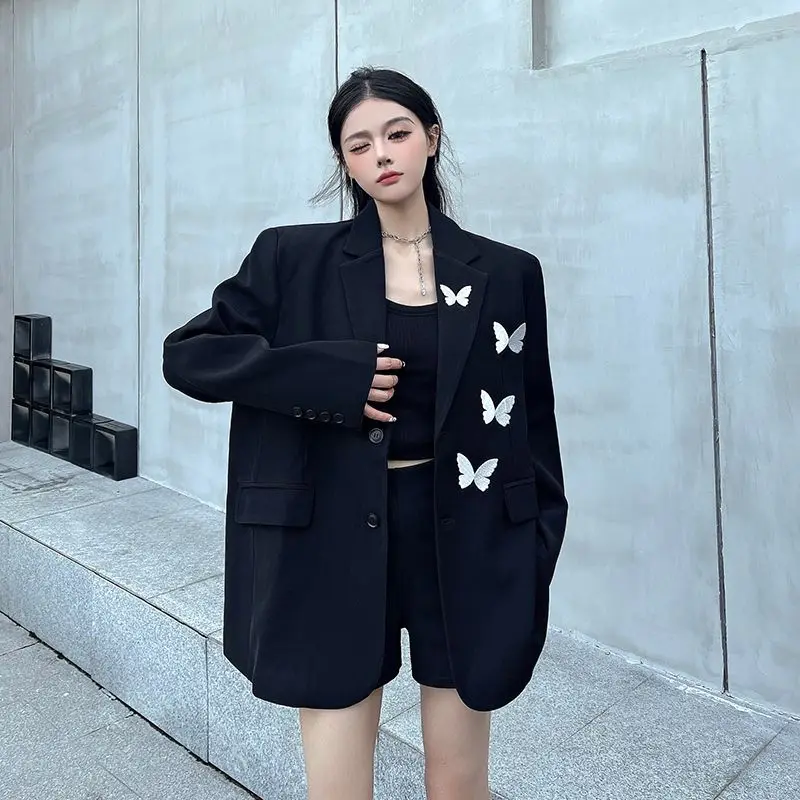 Butterfly Embroidered Black Suit Jacket Cardigan Long Sleeve Formal Fashion Top