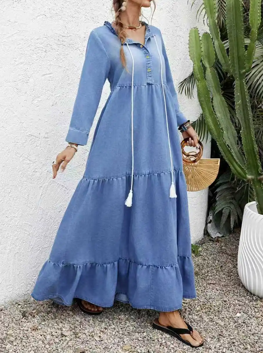 

Осенняя европейская женская одежда в стиле ретро. Элегантное джинсовое платье с длинными рукавами и модным дизайном на одной пуговице.