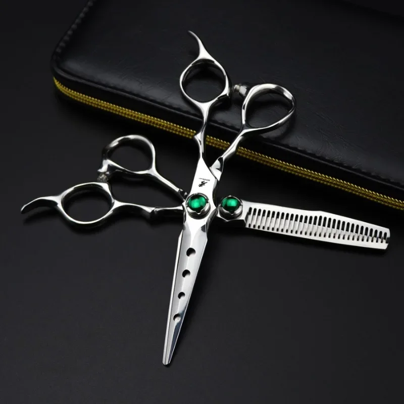 

Japan 440c 6 '' Upscale Scissor Hollow Hair Scissors Green Gems Cutting Barber Haircut Thinning Shears Hairdresser Scissors