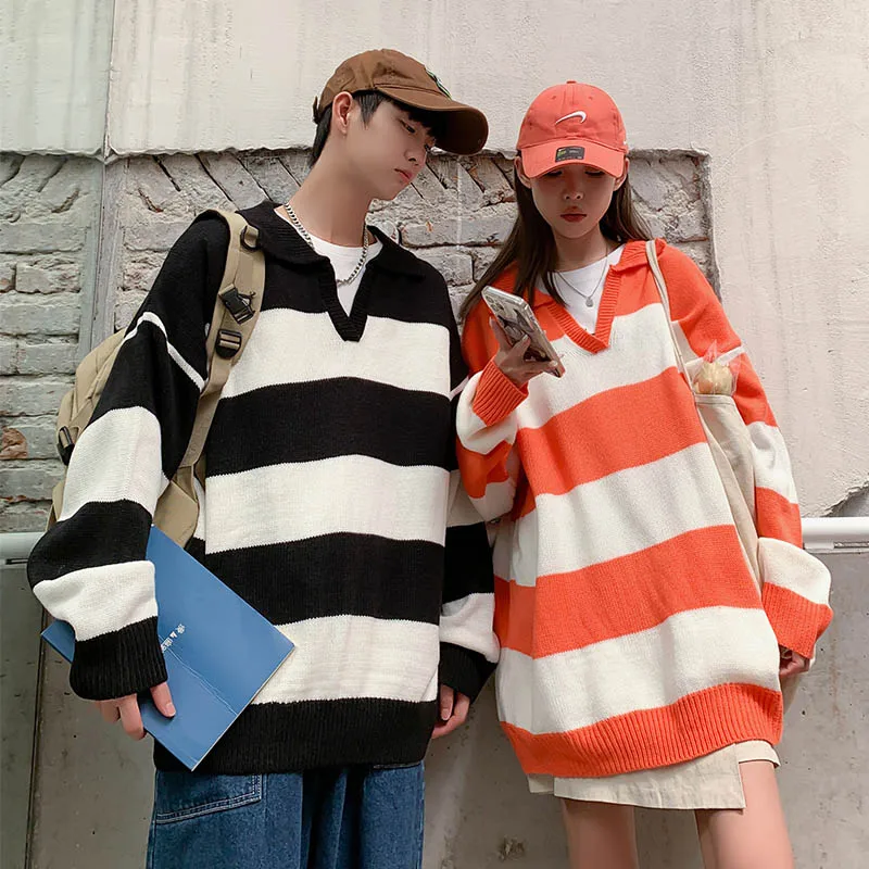 Swetry w paski mężczyźni odrzucają kołnierzyki Preppy stylowa odzież uliczna Kpop casualowa dzianina Unisex Harajuku sweter uniwersalny