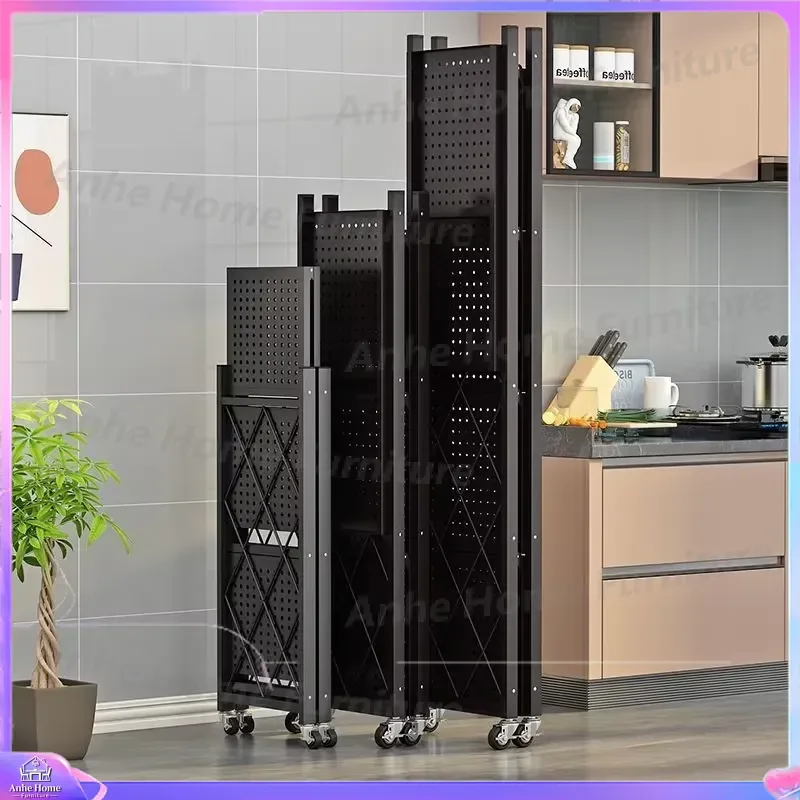Foldable 5 Tier Vertical Carbon Steel Storage Rack with Wheels Kitchen Organizer Shelf Unit Mobile Cabinet Home Organization