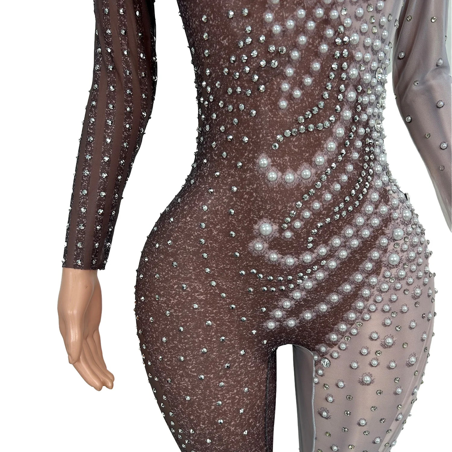 High-End White Pearl Design One-Piece Suit Sexy Girl Club Bar Dance Performance Costume Sensual Fashionable Ensemble Yinyangku