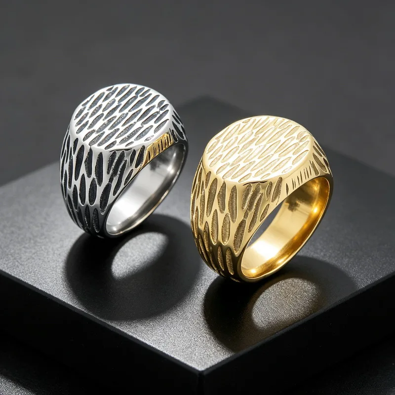 Kalen Punk Edelstahl-Siegelring für Herren, Retro-Hammermuster, Finger-Anillos, Damen-Schmuck, Geschenke – Detail 6