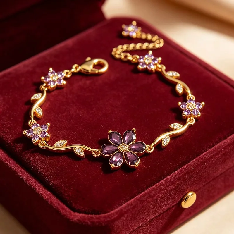 Women Exquisite Sunflower Zircon Bangle Pure Copper Princess Style Minimalist Cold Tone Daily Jewelry Bracelet Gift