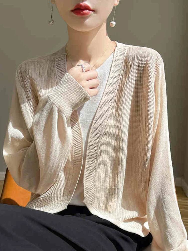

Women's Knit Cardigan 2026 Summer Thin Sun Protection Long Sleeve Outerwear Shawl Crop Top Casual Versatile Sweater Coat