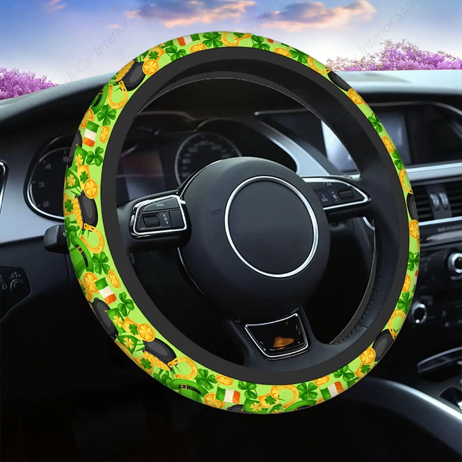 St Patricks Day Steering Wheel Cover Flag Ireland Gold Coins Pot Clover Hat Horseshoe Universal Auto Car Steering Wheel Covers