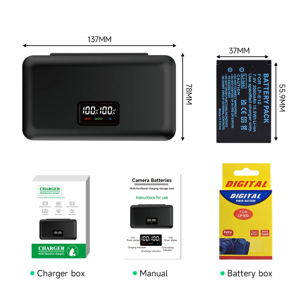 PALO 2000mAh LP-E12 LP E12 LPE12 akumulator litowo-jonowy ładowarka ładowarka do canona EOS M50, EOS M100,100D Kiss X7 Rebel SL1