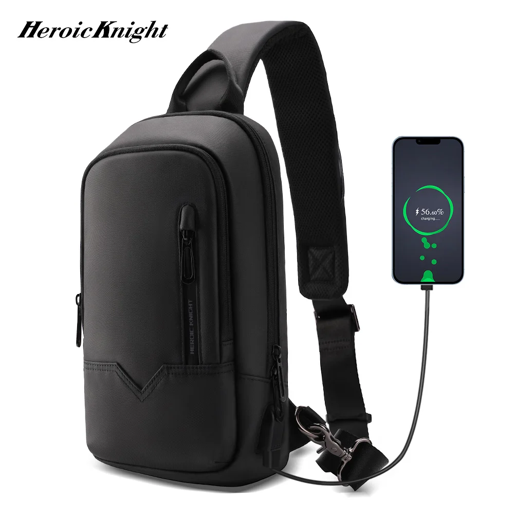 Heroic Knight Men’s Chest Bag Waterproof Short Trip Male Crossbody Bag Packs With USB Charging Port Multifuctional Shoulder Pack