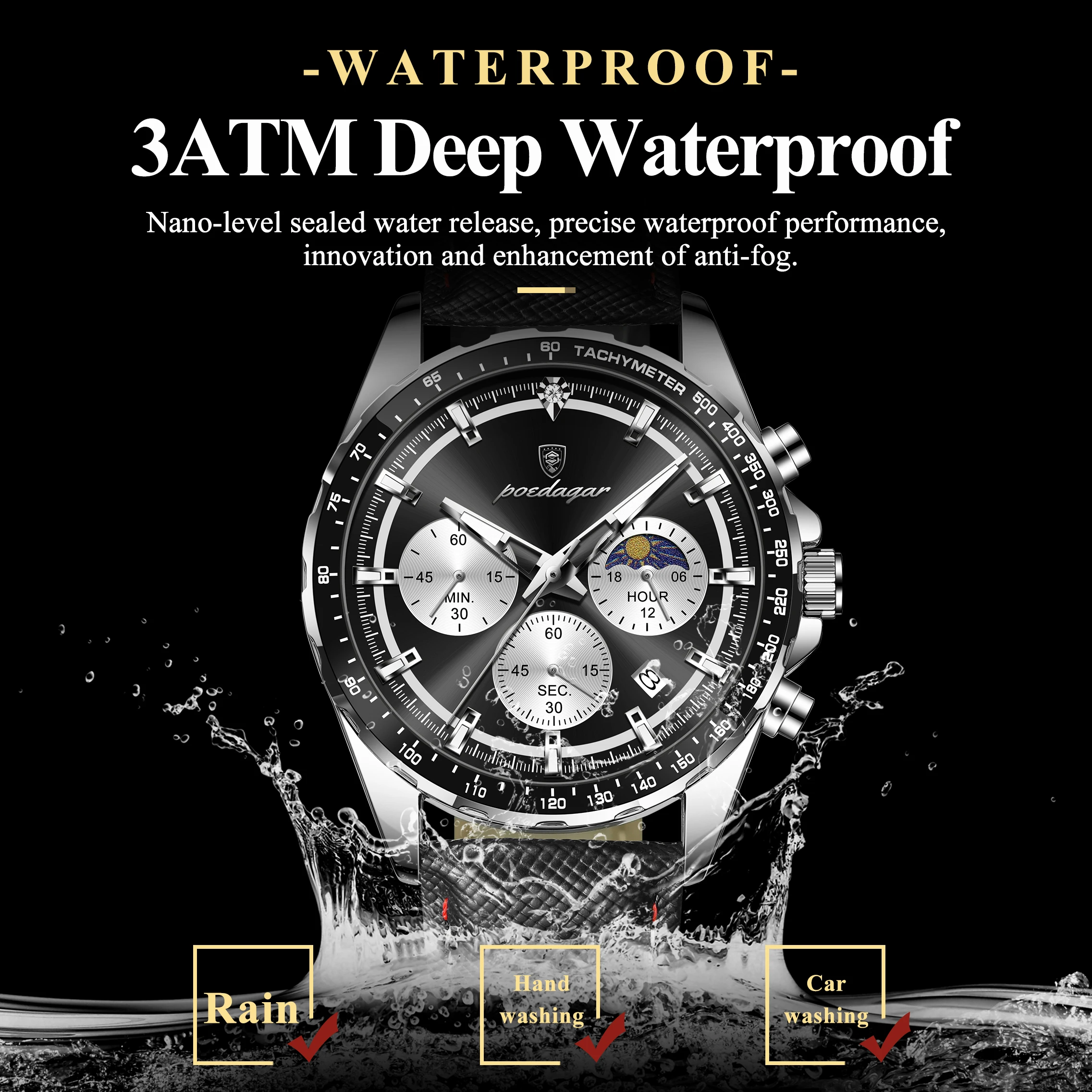 Men's Luminous Waterproof Chronograph Leather Wristwatch