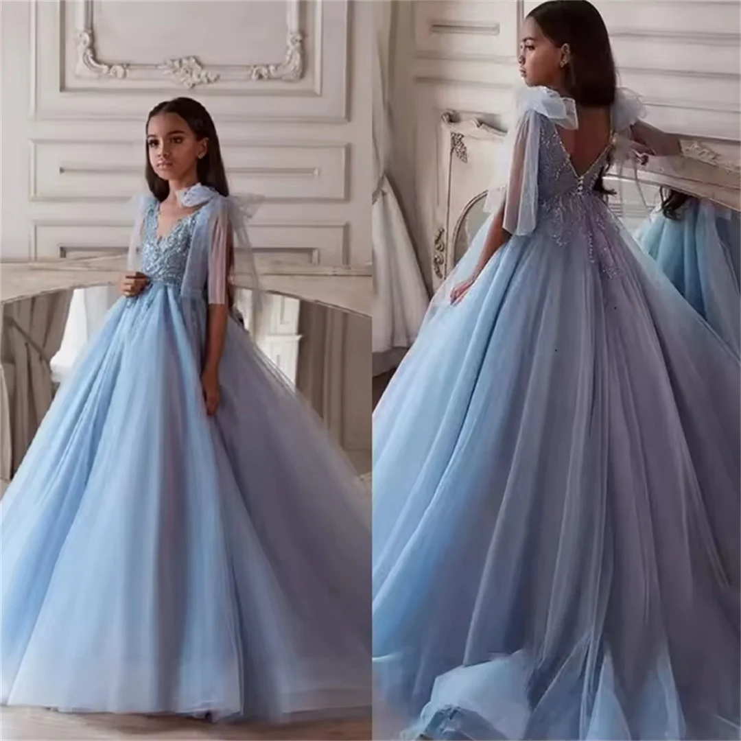 Light Luxury Lace Trailing Flower Girl Dress Tulle Shoulder Bow Beaded Sequin Princess Dress 2026 Girls Wedding Formal Party