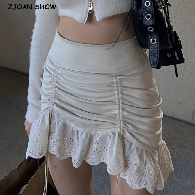 

2023 Summer Y2K Style Cool Girl Splice Ruffles Lace Hem Asymmetrical Mini Skirts Women Drawstring Bow Ruched Package Hips Skirts