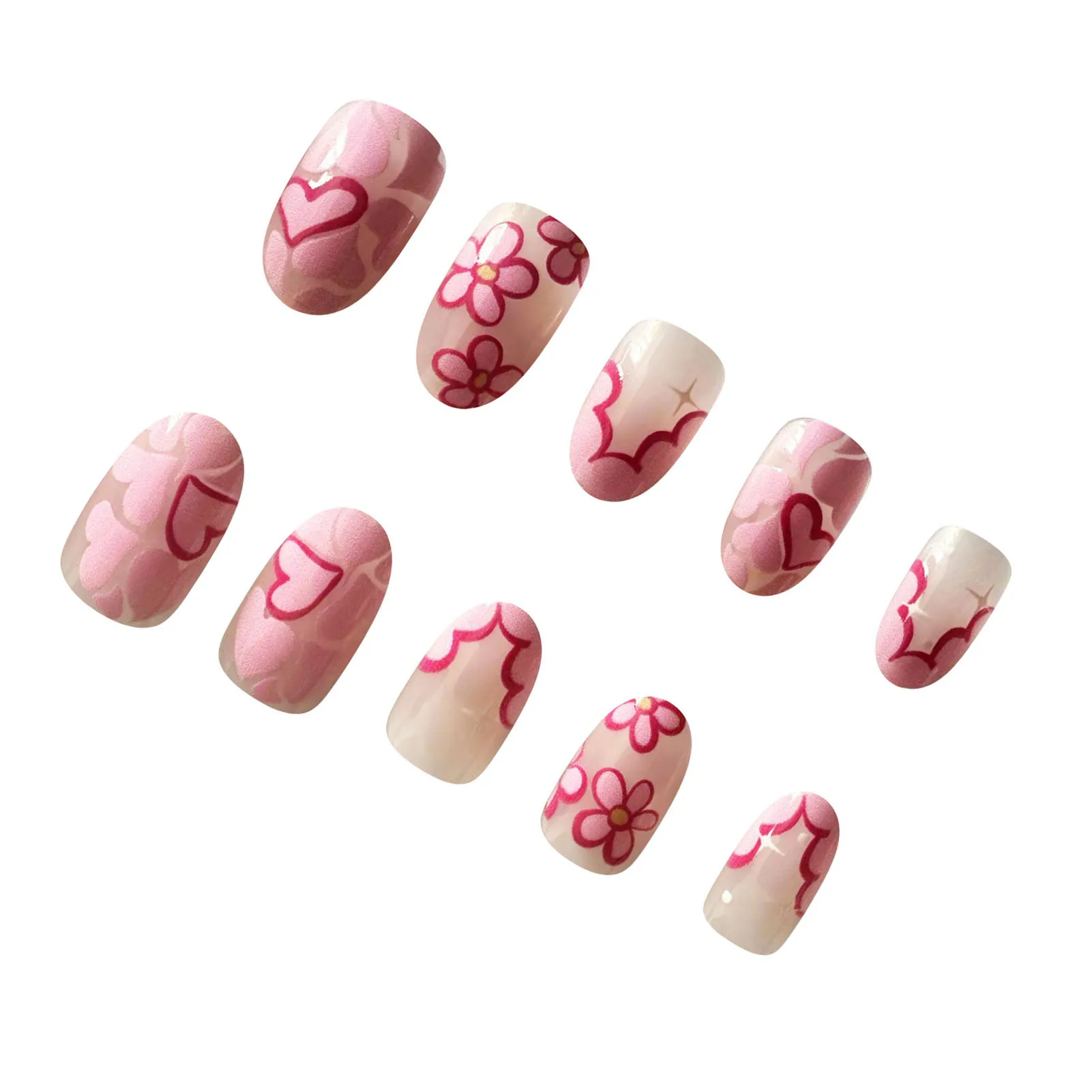 Almond Pink Press on Nails with Heart Flower Design French Tip Artificial Nail for Hand Decoration Nail Art