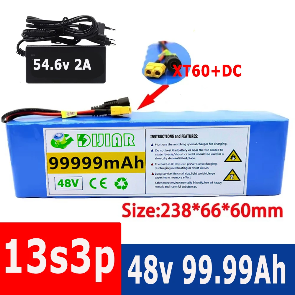 13S3P 48V Battery 99.99Ah Lithium-ion Battery Pack with 1000W BMS for 48V E-bike Electric Bicycle Scooter+54.6V Charger