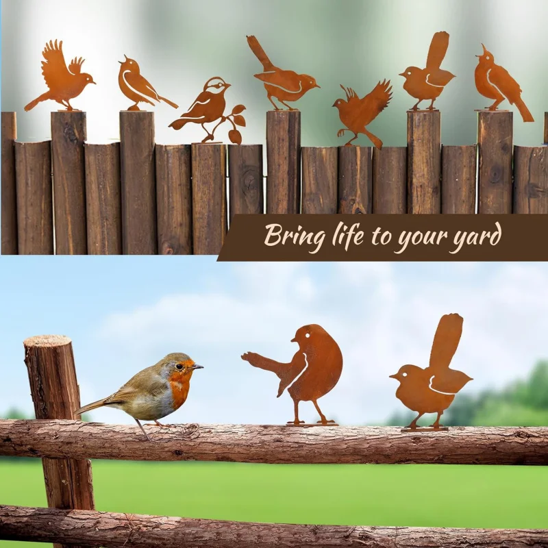 Rusty Birds Decor,Metal Bird Craft Statue Ornaments Fence Topper, Lifelike Patina Bird Outdoor Silhouette,Garden Fence Country