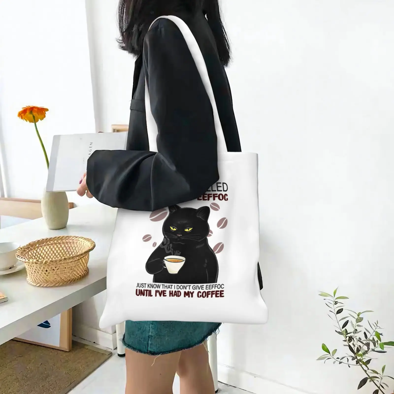 Coffee Spelled Backwards Cat Canvas Tote Bag Gift for Friends Sister Daughter Women Shopping Bag Reusable Shoulder Bags