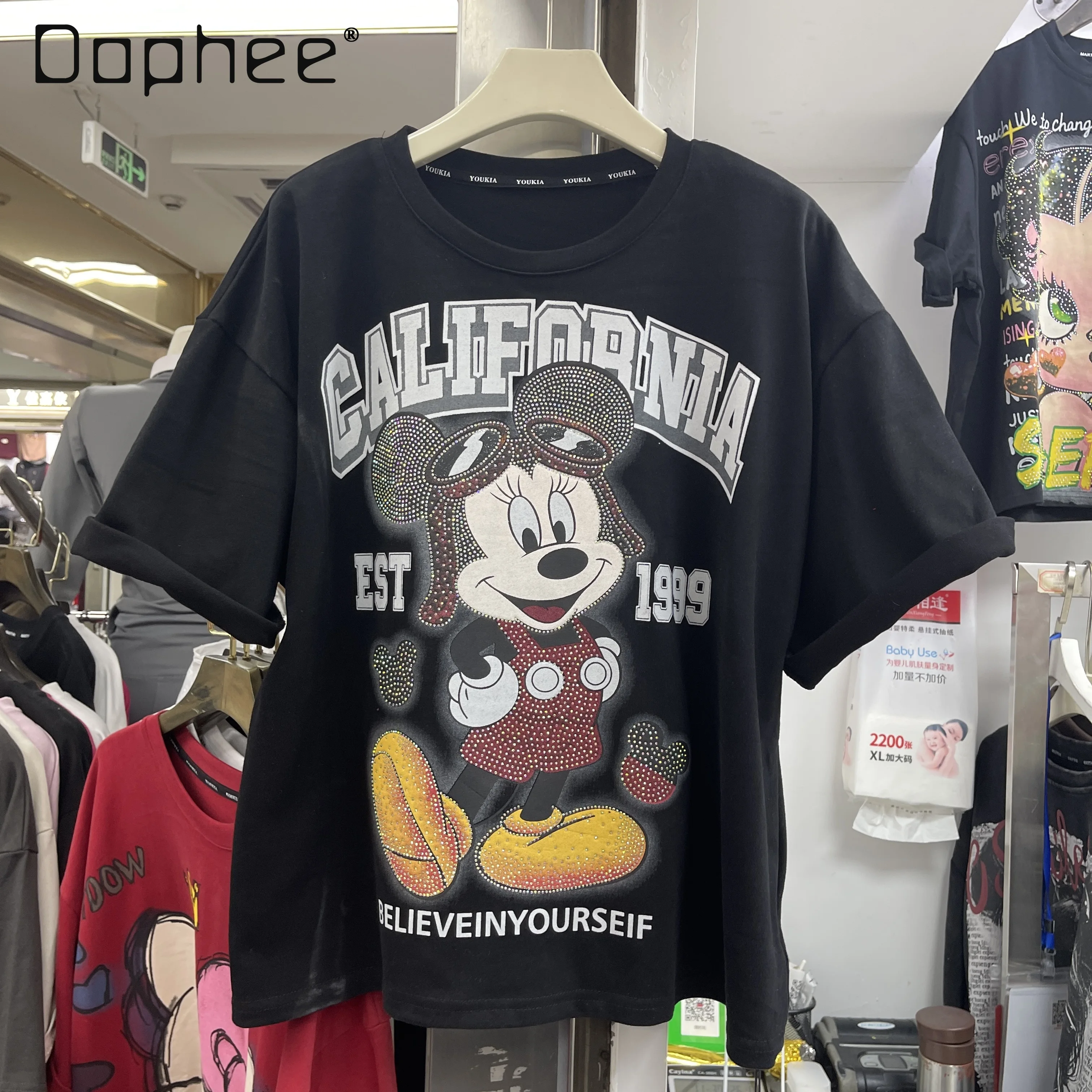 

Весенне-осенняя новая футболка с мультяшным принтом и стразами, свободная повседневная футболка, женская универсальная футболка с круглым вырезом для похудения с коротким рукавом