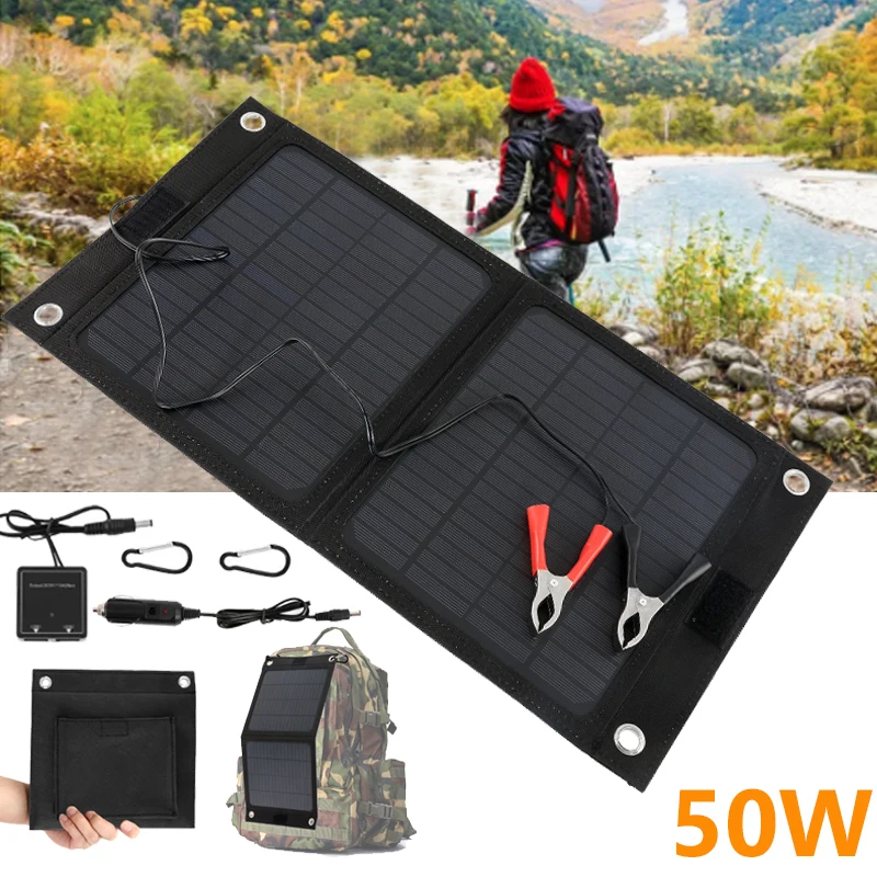 50W Foldable Solar Panel 12V USB Portable Folding Solar Cell For Phone Charge Power Bank For Outdoor Hiking Camping Cycling