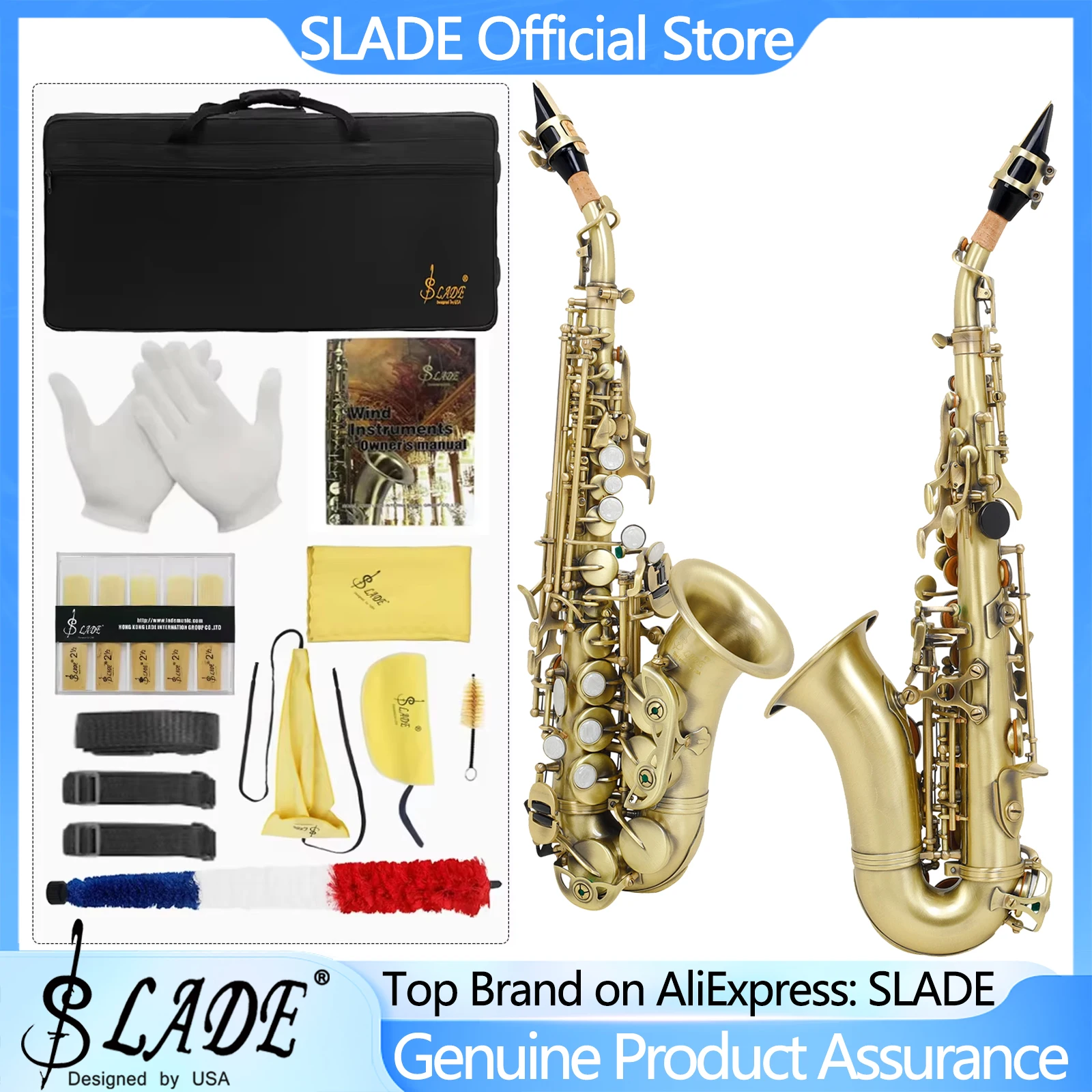 

SLADE B-Tone Soprano Saxophone Small Greenish Antique Saxophone Set for Adult Student Beginner with Box Reeds and Cleaning Kit